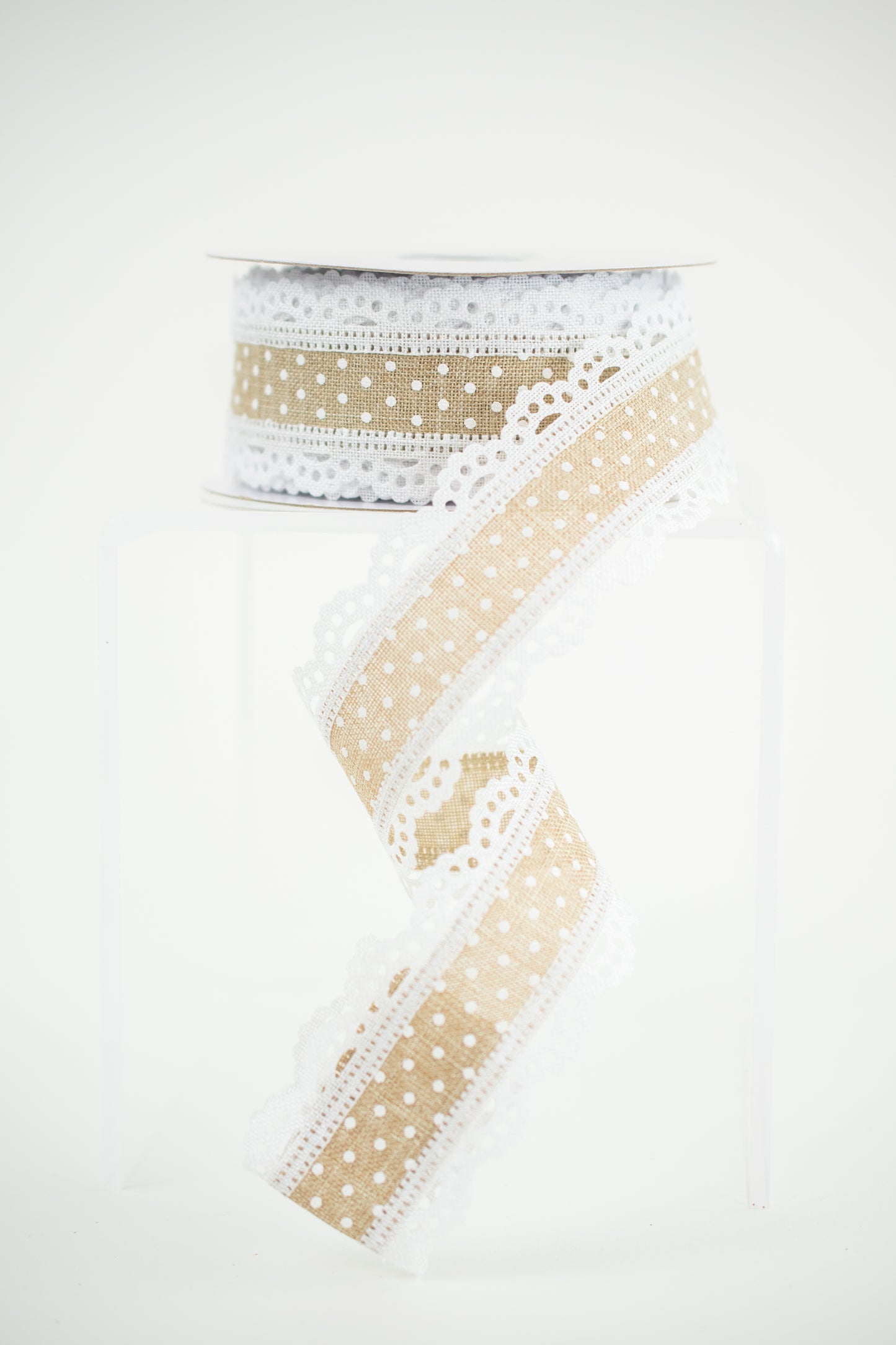 1.5" x 10yd Raised Swiss Dots W/Lace Natural with White - Burlap and Bling Decor