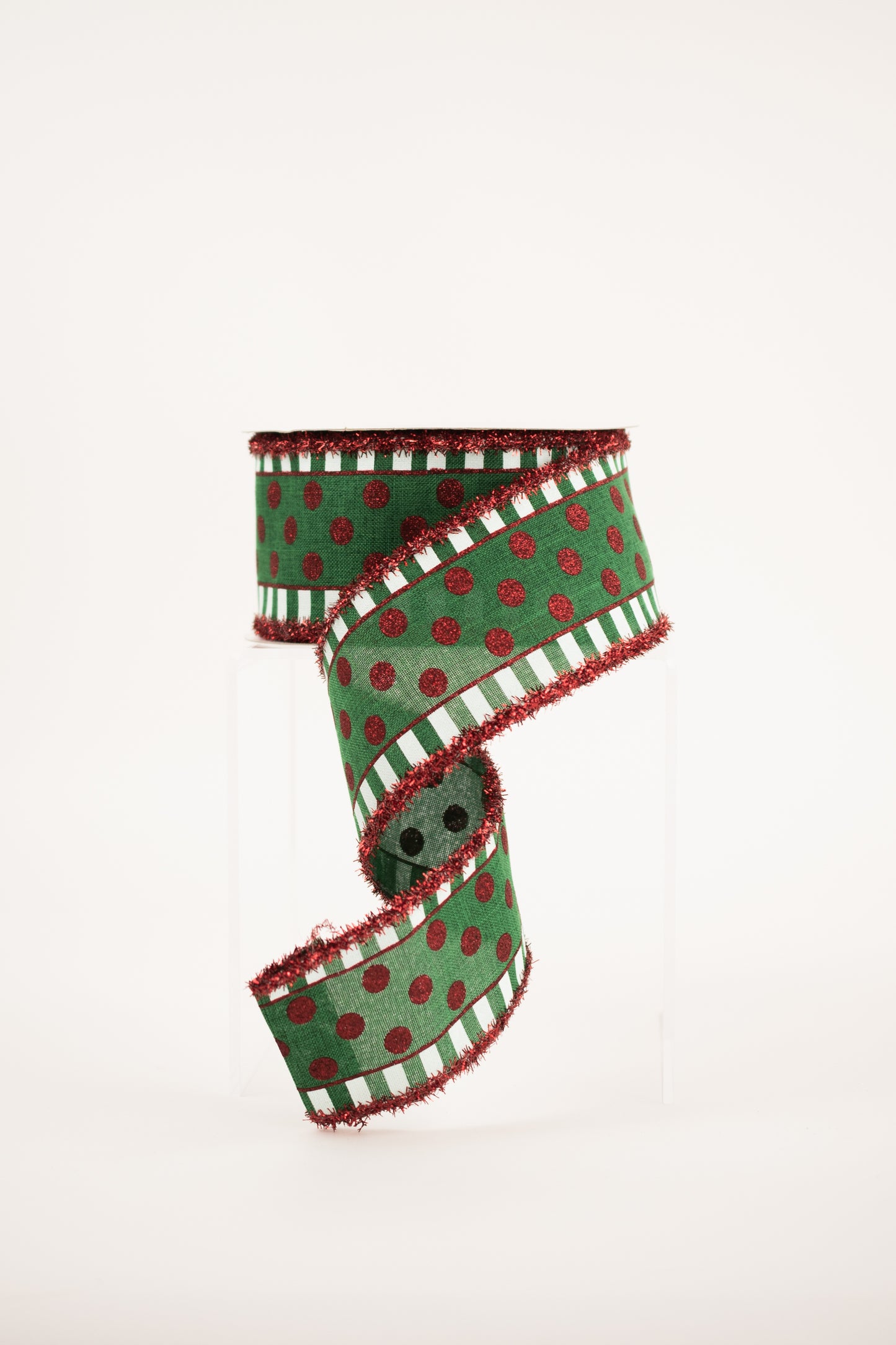 2.5"X10YD GLTTR STRIPES AND DOTS/TINSEL Color: EMERALD/RED/WHITE - Burlap and Bling Decor