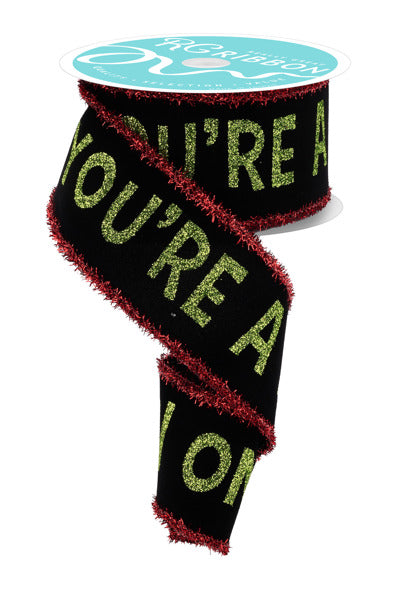 2.5"X10YD YOU'RE A MEAN ONE/VLVT/TINSEL BLACK/LIME/RED - Burlap and Bling Decor