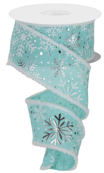 2.5"X10YD MULTI SNOWFLAKES W/DRIFT ICE BLUE/SILVER WIRED RIBBON - Burlap and Bling Decor
