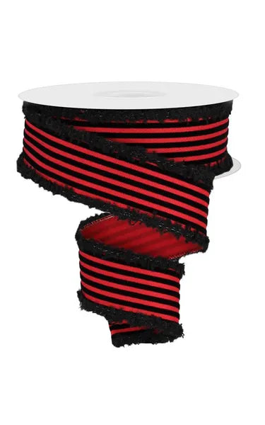 1.5"X10YD VELVET VERTICAL LINES/DRIFT RED/BLACK WIRED RIBBON - Burlap and Bling Decor