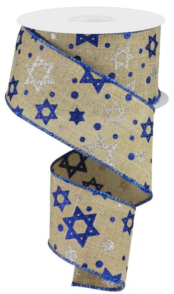 2.5"X10YD GLITTER STAR OF DAVID ON ROYAL LT BEIGE/ROYAL BLUE/SLVR WIRED RIBBON - Burlap and Bling Decor
