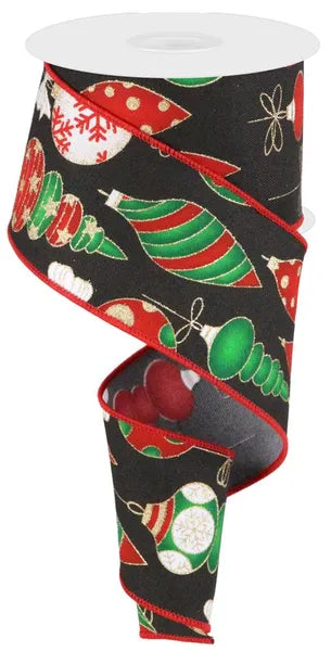 2.5"X10YD HANGING CHRISTMAS ORNAMENTS BLACK/RED/GREEN/GOLD/WHT WIRED RIBBON - Burlap and Bling Decor