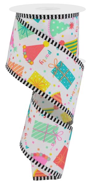 2.5"X10YD PARTY HAT/GIFT/STRIPE-WHITE/PCH/TEAL/PINK - Burlap and Bling Decor