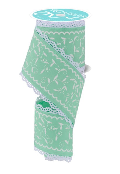 3"X10YD STITCH MINI LEAF W/LACE MINT GREEN/WHITE - Burlap and Bling Decor