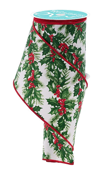 4"X10YD HOLLY LEAVES GARLAND IVORY/RED/GREEN