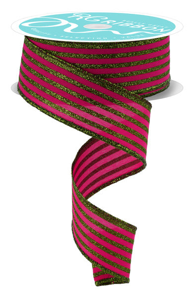 1.5"X10YD GLITTER VERTICAL STRIPE HOT PINK/LIME GREEN - Burlap and Bling Decor