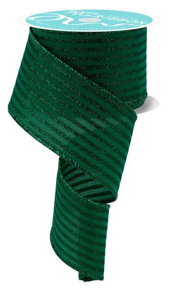 2.5"X10YD GLITTER VERTICAL STRIPE EMERALD GREEN WIRED RIBBON - Burlap and Bling Decor