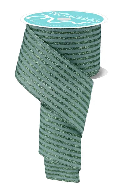 2.5"X10YD GLITTER VERTICAL STRIPE SAGE GREEN WIRED RIBBON - Burlap and Bling Decor