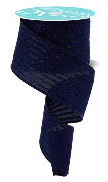 2.5"X10YD GLITTER VERTICAL STRIPE NAVY BLUE WIRED RIBBON - Burlap and Bling Decor