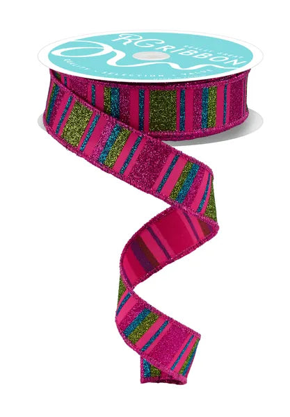 7/8"X10YD HORIZONTAL STRIPE HOT PINK/LIME/TURQ WIRED RIBBON - Burlap and Bling Decor