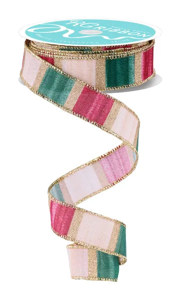 7/8"X10YD WATERCOLOR STRIPES WHT/BURG/GRN/CRM/GLD WIRED RIBBON - Burlap and Bling Decor