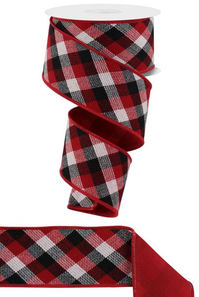 2.5"X10YD DIAG WOVEN CHECK/PG FUSED Color: BLACK/RED/WHITE - Burlap and Bling Decor