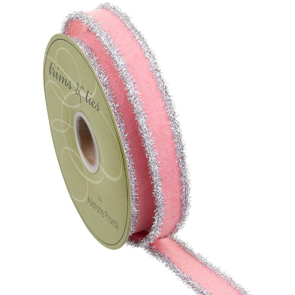 1" X 10YD LIGHT PINK RIBBON W/ TINSEL SILVER TRIM WIRED RIBBON