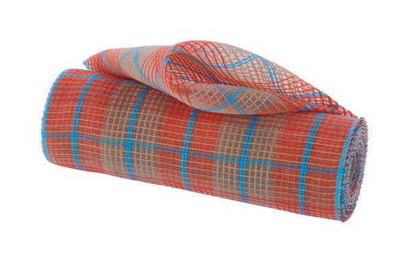 10.25"X10YD FINE WEAVE FAUX JUTE/PLAID ORANGE/NATURAL/TURQUOISE - Burlap and Bling Decor