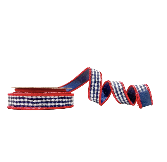 Blue Check with Red Piping 1"x 10Y Double Sided Wired Ribbon - Burlap and Bling Decor