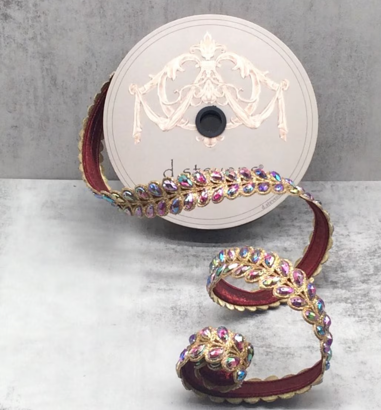 1" x 5yds jewel aurora borealis honey locust leaves, burgundy - Burlap and Bling Decor