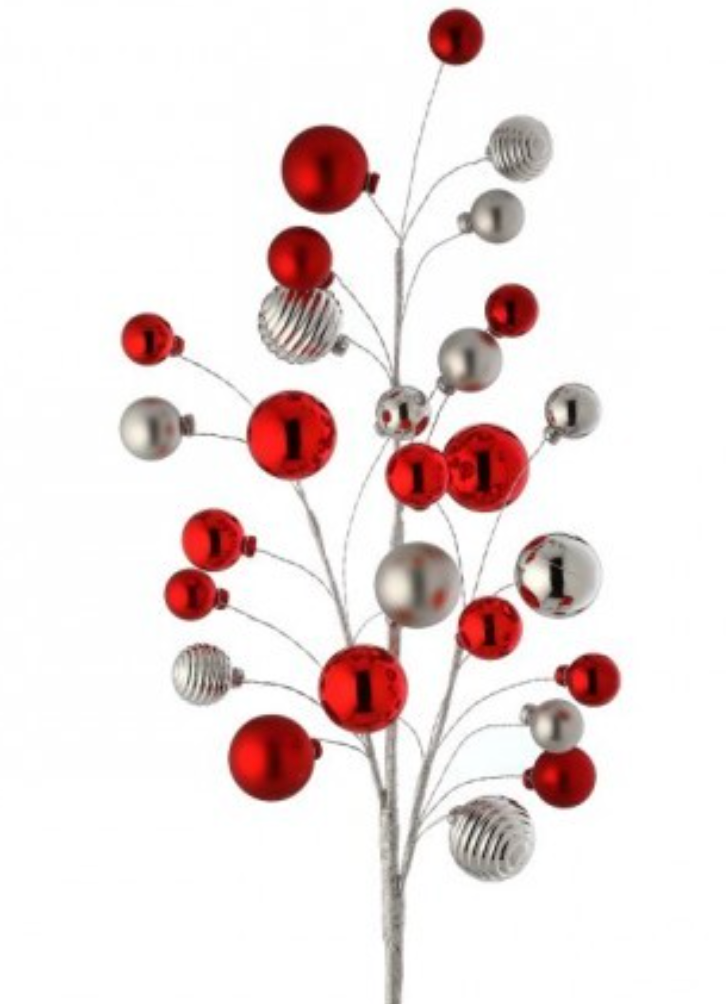 31" VP SHINY/MATTE BALL SPRAY STEM-RED/SILVER - Burlap and Bling Decor