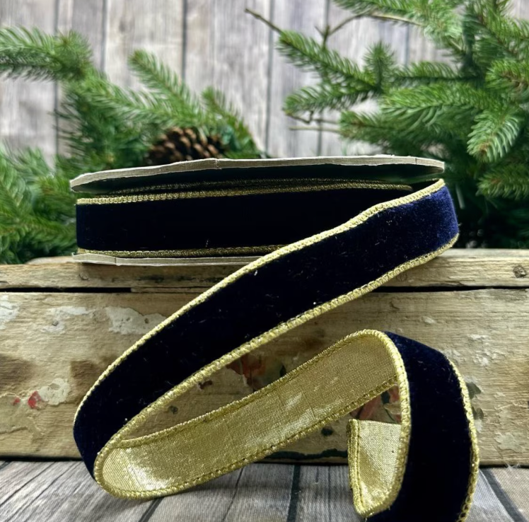1“ x 10yds lush velvet metallic light gold back, navy blue