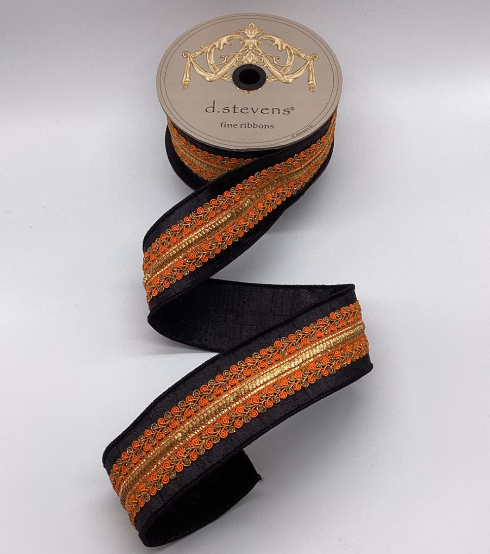2.5“ x 10yds metallic dupion orange copper center trim, black - Burlap and Bling Decor