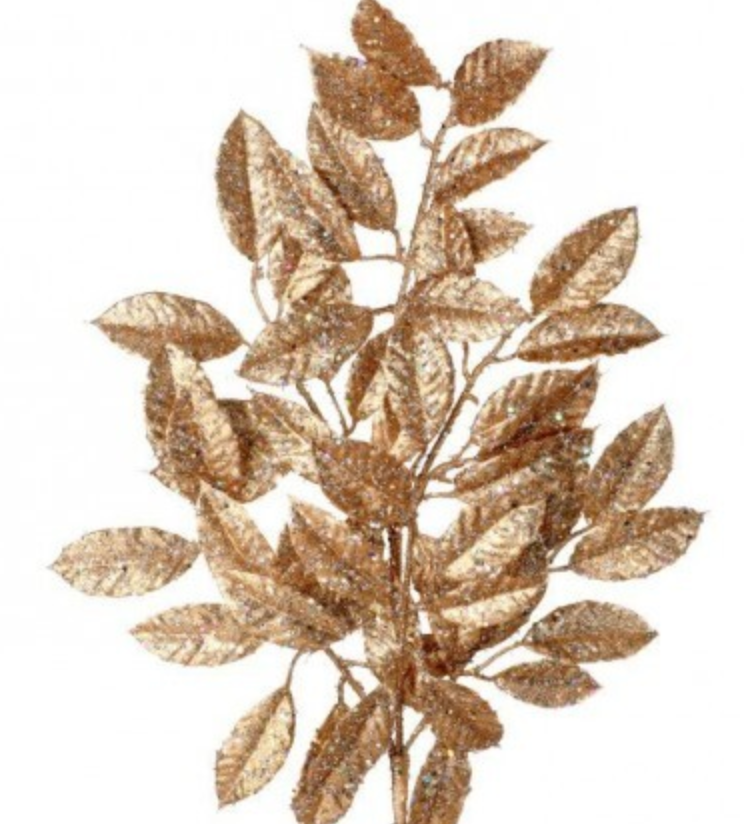31" GLITTER SEQUIN CAMELIA LEAF SPRAY CHAMPAGNE GOLD - Burlap and Bling Decor