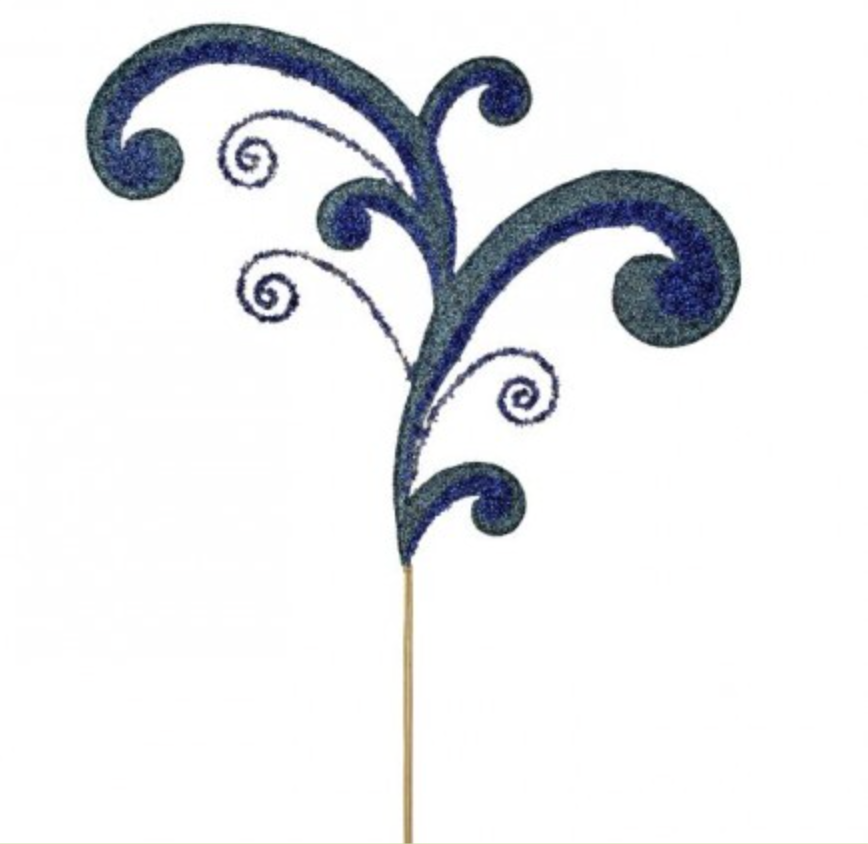 29" METAL ACANTHUS SCROLL GLITTER SPRAY Dark Blue/champagne