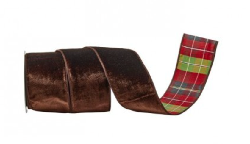 4"X10Y VELVET W/HIGHLANDS PLAID BACKED RIBBON CHOC