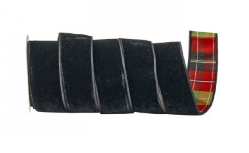 2.5"X10Y VELVET W/HIGHLANDS PLAID BACKED RIBBON BLCK