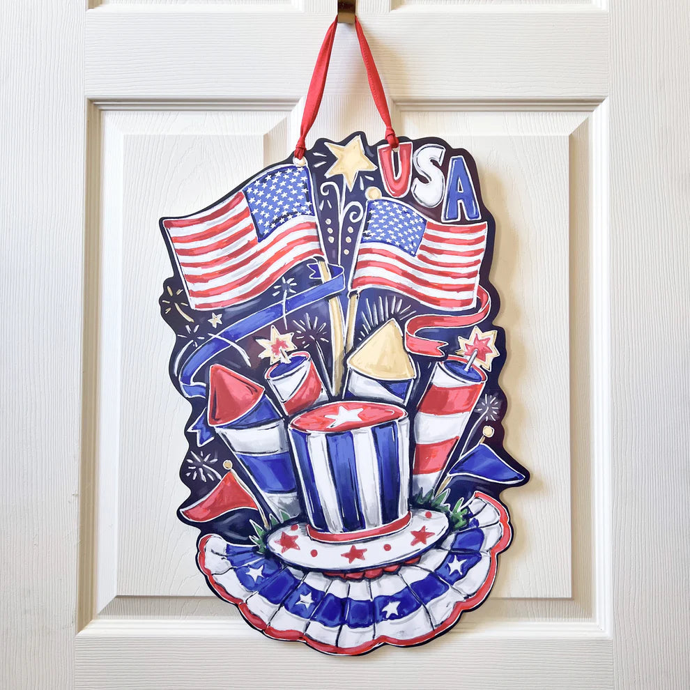 USA Door Hanger-4th of July Summer Outdoor Red White Blue - Burlap and Bling Decor