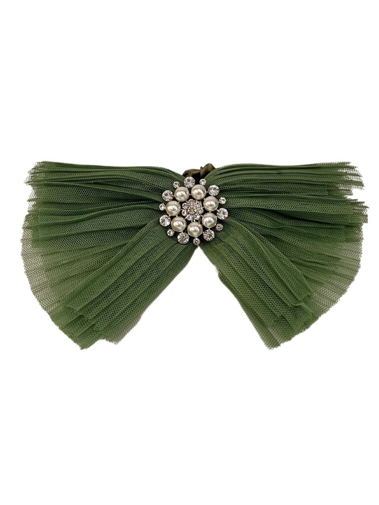 7" Tulle Cottage chic bow elastic loop jewel center, jade - Burlap and Bling Decor