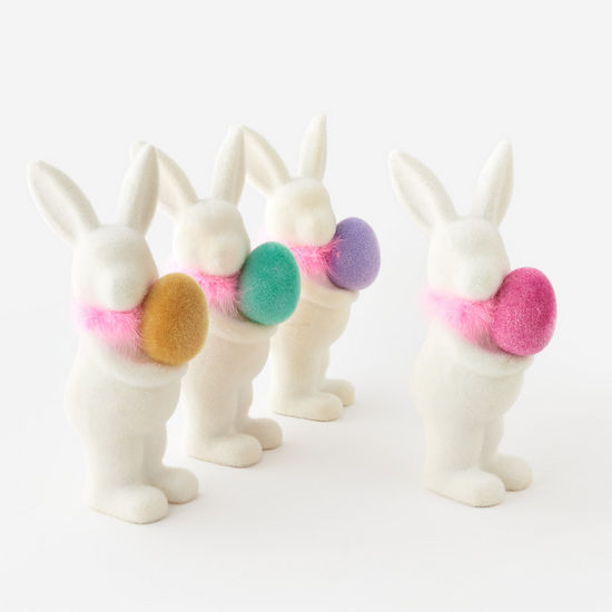 Flocked White Bunny w/Egg, 4 Asst, Lg, 16" yellow ,teal, lavender, Hot Pink, CHOOSE ONE - Burlap and Bling Decor