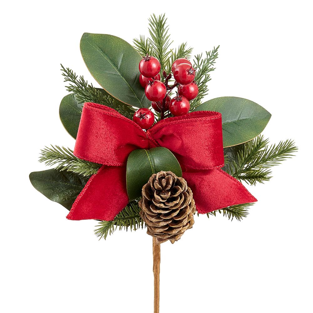 14" Berry/Pine Cone/Magnolia Leaf Pick With Bow Red Brown