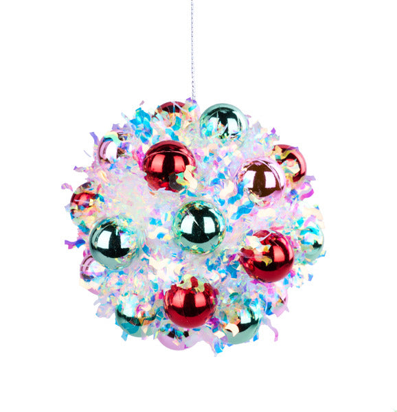 4.75"DIA TINSEL/VP BALL ORNAMENT-Irid/Red/Mint/Lt Pink - Burlap and Bling Decor