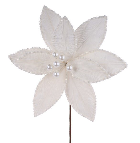 22"L X 12"DIA PEARL BEAD POINSETTIA PICK IVORY - Burlap and Bling Decor