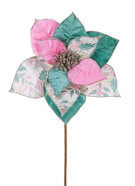 10"DIA X 18"H HOLLY POINSETTIA STEM PINK/SAGE/IVORY