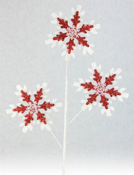 28"H EVA/GLITTER 6" SNOWFLAKE SPRAY WHITE/RED - Burlap and Bling Decor