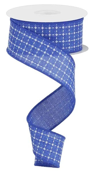 1.5"X10YDS RAISED STITCHED SQUARES/ROYAL ROYAL BLUE/WHITE WIRED RIBBON