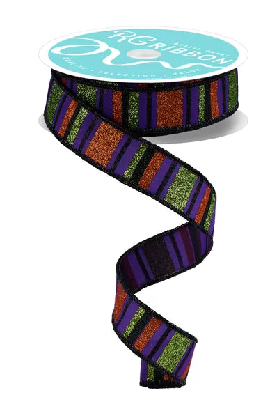 7/8"X10YD HORIZONTAL STRIPE PURPLE/LIME/ORNG/BLACK WIRED RIBBON - Burlap and Bling Decor