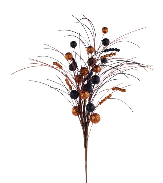 35"L BALL/MONOFILAMENT/BEAD SPIKE SPRAY ORANGE/BLACK - Burlap and Bling Decor