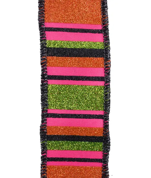 7/8"X10YD HORIZONTAL STRIPE HOT PINK/LIME/ORNG/BLCK WIRED RIBBON - Burlap and Bling Decor