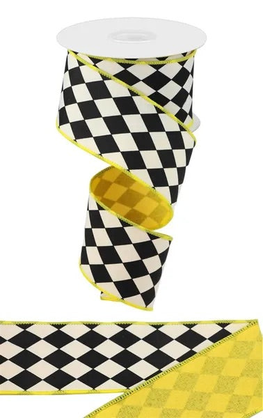 2.5"X10YDS HARLEQUIN/ROYAL FUSED BACK WHITE/BLACK/SUN YELLOW WIRED RIBBON - Burlap and Bling Decor