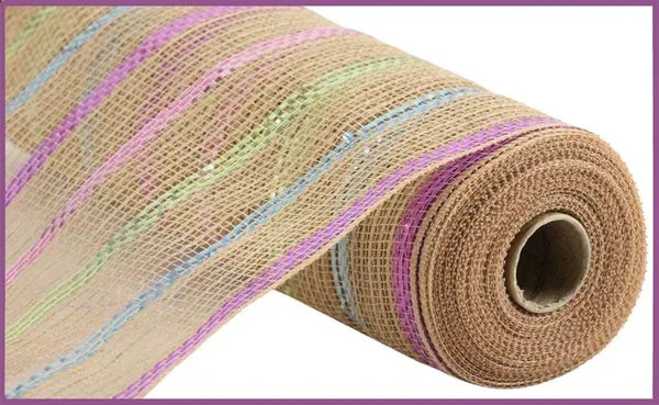 10.25"X10YDS POLY/JUTE MATTE STRIPE MESH NAT/PINK/SAGE/TURQ/LAV - Burlap and Bling Decor