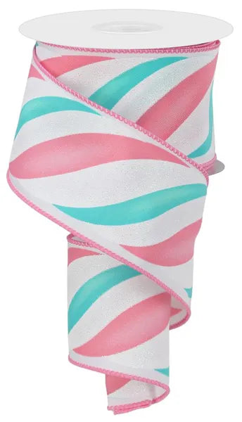 2.5"X10YD SWIRL CANDY STRIPE WHITE/PINK/ICE BLUE/MINT WIRED RIBBON - Burlap and Bling Decor