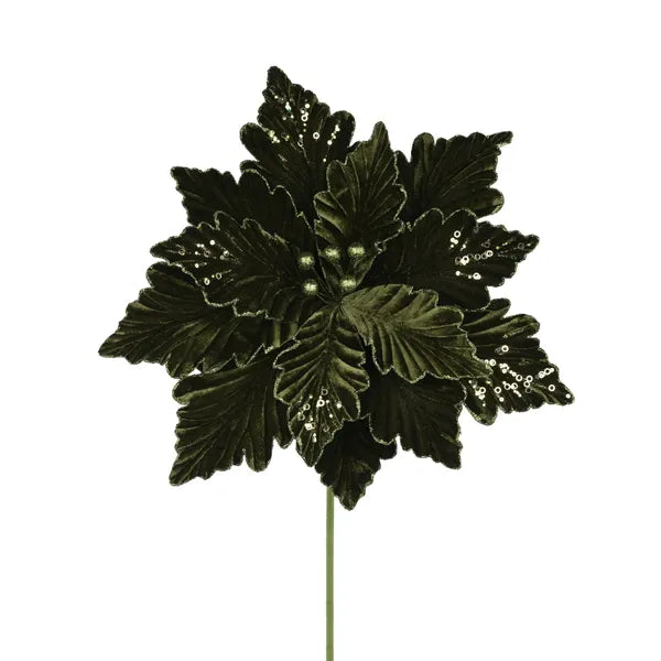 19"DIA DLX VELVET/POINSETTIA, 16"L STEM HUNTER GREEN - Burlap and Bling Decor