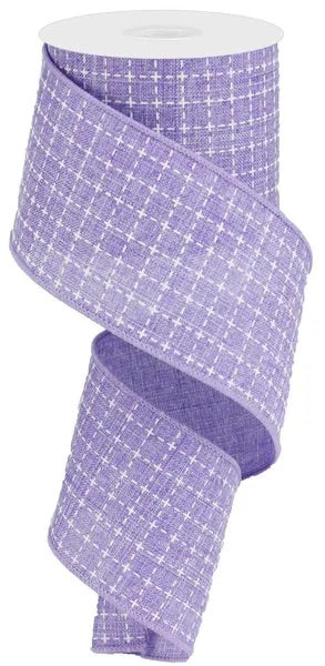 2.5"X10YDS RAISED STITCHED SQUARES/ROYAL LAVENDER/WHITE WIRED RIBBON - Burlap and Bling Decor