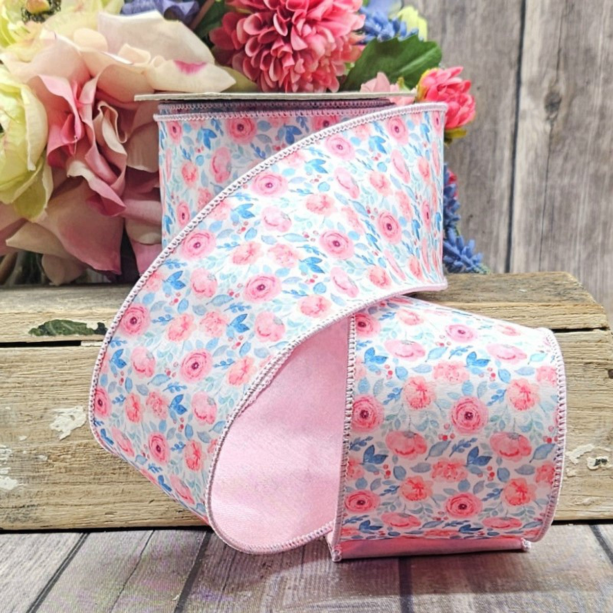 white pink and teal blue floral ribbon