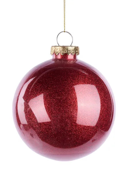 120MM DIA LACQUER LOOK GLITTER BALL ORN RED - Burlap and Bling Decor