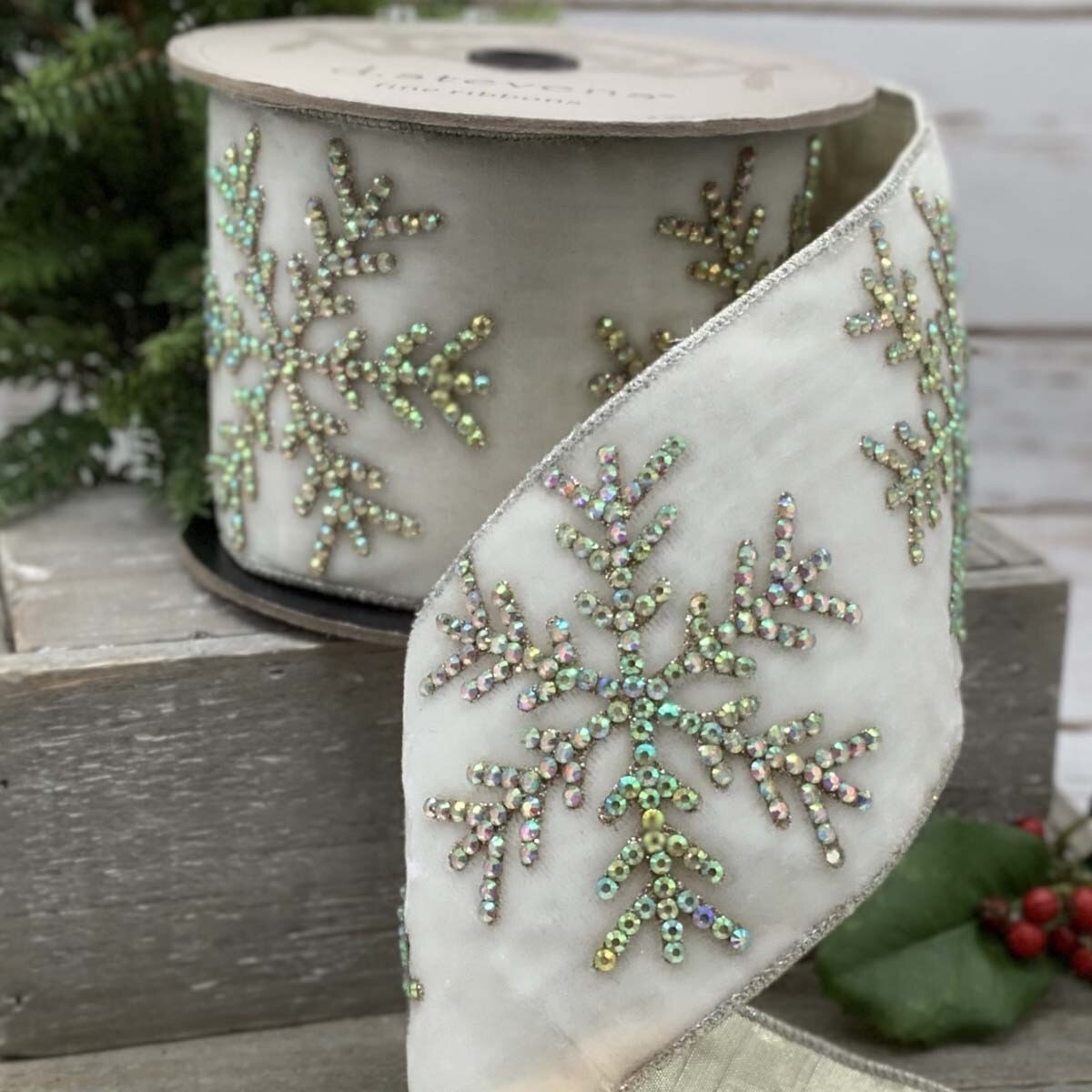 4“ x 5yds velvet iris crystal snowflake, winter white - Burlap and Bling Decor