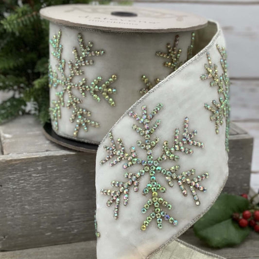 4“ x 5yds velvet iris crystal snowflake, winter white - Burlap and Bling Decor