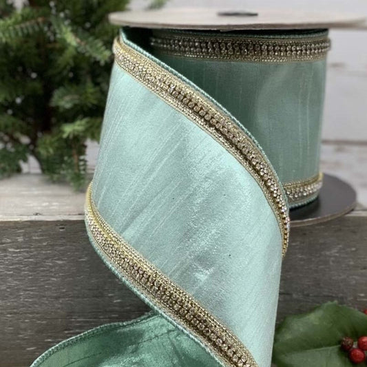4” x 5yds faux metallic dupion crystal side trim, celadon - Burlap and Bling Decor